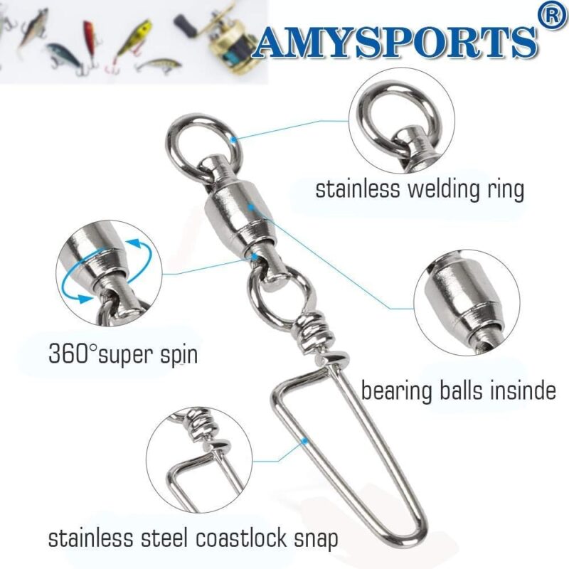 AMYSPORTS High Strength Fishing Snap Swivels Ball Bearing Swivels Stainless Fishing Swivels Saltwater Corrosion Resistance Barrel Swivel for Freshwater Fishing