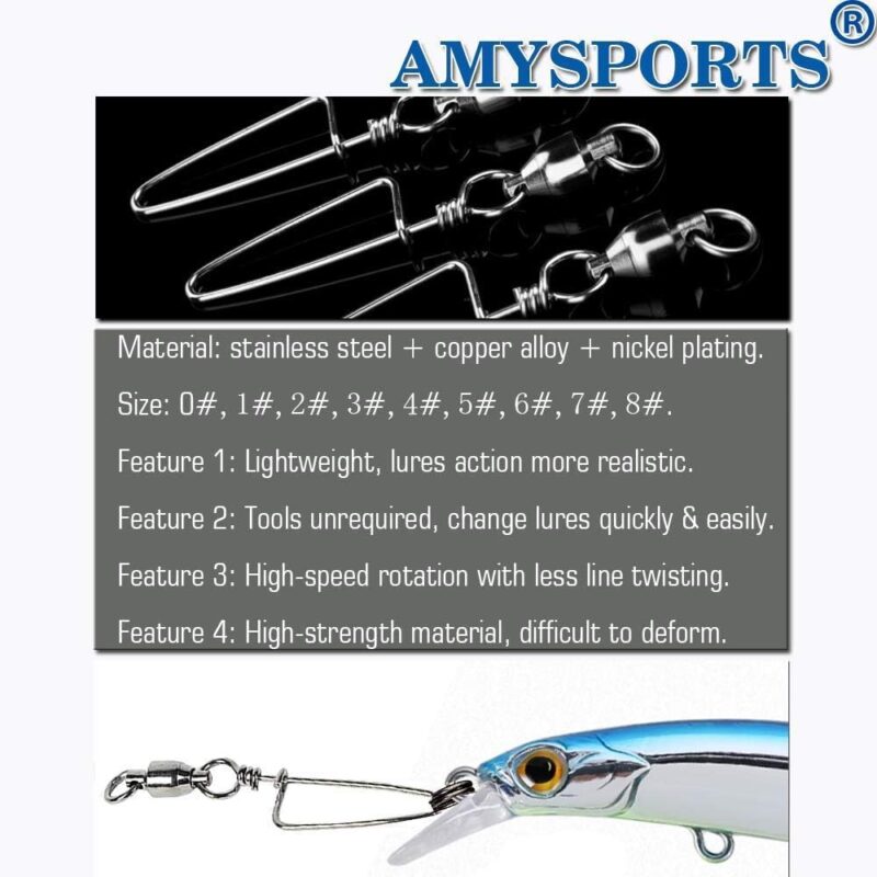 AMYSPORTS High Strength Fishing Snap Swivels Ball Bearing Swivels Stainless Fishing Swivels Saltwater Corrosion Resistance Barrel Swivel for Freshwater Fishing