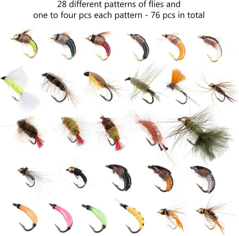 BASSDASH Fly Fishing Flies Kit Fly Assortment Trout Bass Fishing with Fly Box, 36/64/72/76/80/96pcs with Dry/Wet Flies, Nymphs, Streamers, Popper