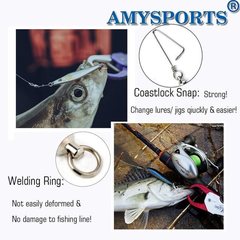 AMYSPORTS High Strength Fishing Snap Swivels Ball Bearing Swivels Stainless Fishing Swivels Saltwater Corrosion Resistance Barrel Swivel for Freshwater Fishing