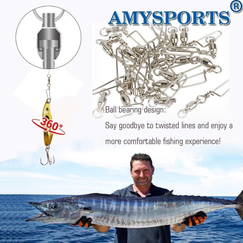 AMYSPORTS High Strength Fishing Snap Swivels Ball Bearing Swivels Stainless Fishing Swivels Saltwater Corrosion Resistance Barrel Swivel for Freshwater Fishing