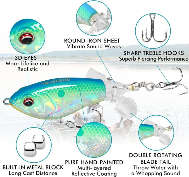 TRUSCEND Top Water Fishing Lures with BKK Hooks, Whopper Fishing Lure for Freshwater or Saltwater, Floating Lure for Bass Catfish Pike, Fishing Wobble Surface Bass Baits Teasers Fishing Gifts for Men