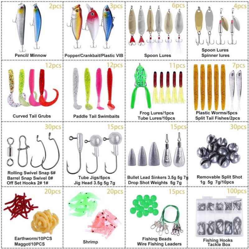 PLUSINNO Fishing Lures Baits Tackle Including Crankbaits, Spinnerbaits, Plastic Worms, Jigs, Topwater Lures, Tackle Box and More Fishing Gear Lures Kit Set, 102/302Pcs Fishing Lure Tackle