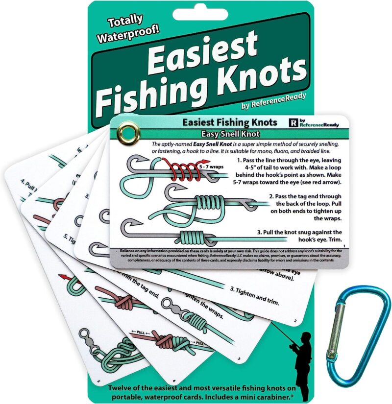 Easiest Fishing Knots - Waterproof Guide to 12 Simple Fishing Knots | How to Tie Practical Fishing Knots & Includes Mini Carabiner | Perfect for Beginners