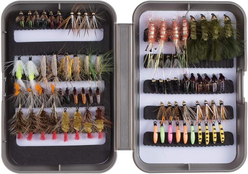 BASSDASH Fly Fishing Flies Kit Fly Assortment Trout Bass Fishing with Fly Box, 36/64/72/76/80/96pcs with Dry/Wet Flies, Nymphs, Streamers, Popper