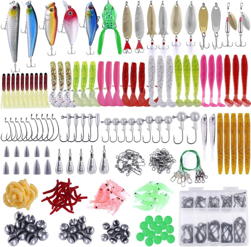 PLUSINNO Fishing Lures Baits Tackle Including Crankbaits, Spinnerbaits, Plastic Worms, Jigs, Topwater Lures, Tackle Box and More Fishing Gear Lures Kit Set, 102/302Pcs Fishing Lure Tackle