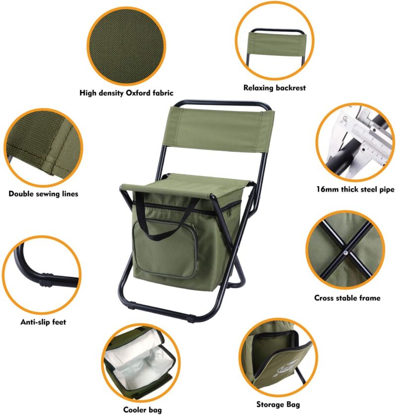 LEADALLWAY Fishing Chair with Cooler Bag Foldable Compact Fishing Stool,Green