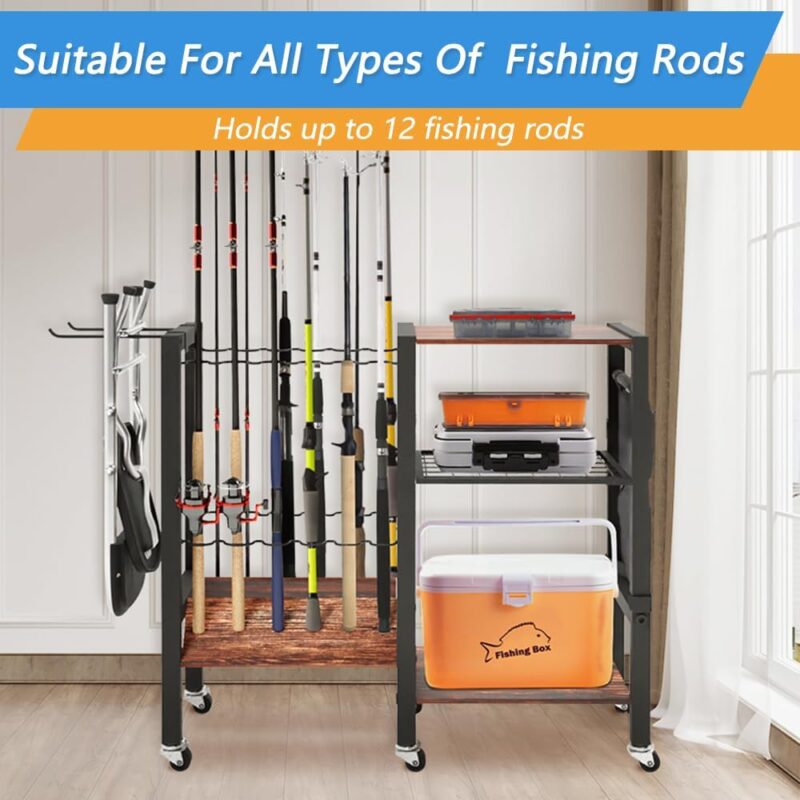 Dobures Fishing Rod Holders, Fishing Gear, Fishing Rod Holders for Garage, Fishing Equipment Organizers, Fishing Pole Holders, Fishing Rod Tackle Cart, Holds up to 12 rods, 3 floors, 32.8''x 12''