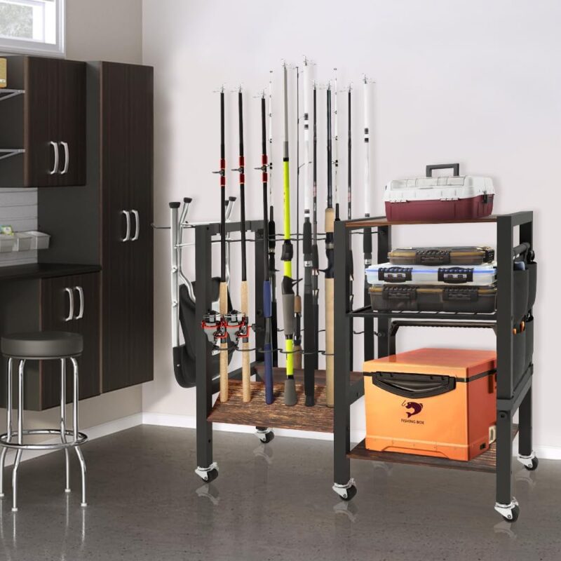 Dobures Fishing Rod Holders, Fishing Gear, Fishing Rod Holders for Garage, Fishing Equipment Organizers, Fishing Pole Holders, Fishing Rod Tackle Cart, Holds up to 12 rods, 3 floors, 32.8''x 12''