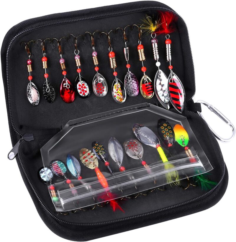 TOPFORT Fishing Lures, Fishing Spoon,Trout Lures, Bass Lures, Spinning Lures,Hard Metal Spinner Baits kit with Carry Bag…… (51PCS Fishing Lure with