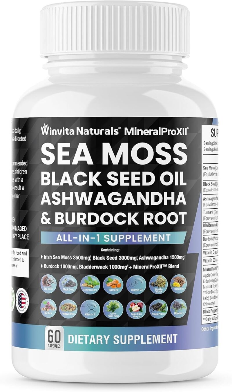 Sea Moss 3000mg Black Seed Oil 2000mg Ashwagandha 1000mg Turmeric 1000mg Bladderwrack 1000mg Burdock 1000mg & Vitamin C & D3 with Elderberry Manuka Dandelion Yellow Dock Iodine Chlorophyll ACV