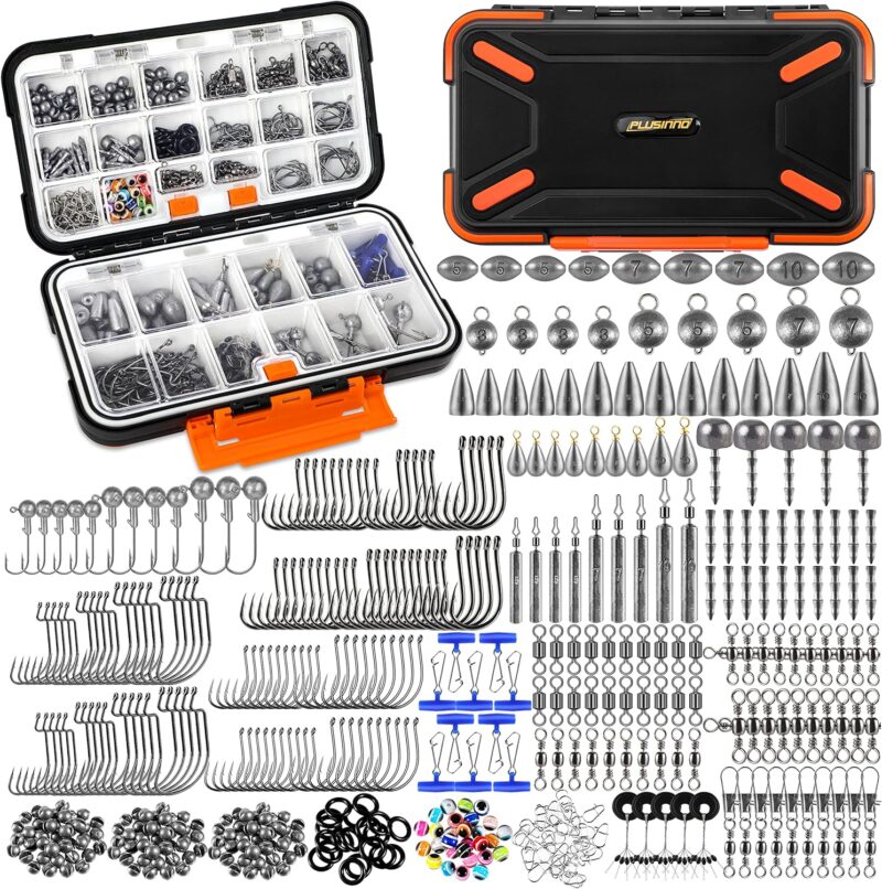 PLUSINNO 264/397pcs Fishing Accessories Kit, Organized Fishing Tackle Box with Tackle Included, Fishing Hooks, Fishing Weights Sinkers, Swivels, Beads, Fishing Gear Set Equipment for Bass Trout