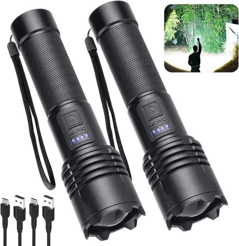 Rechargeable 980000 High Lumens LED Flashlights 2 Pack, Super Bright Flashlight with 3 Modes, IPX6 Waterproof, Powerful Handheld Flash Light for Home Camping Emergency