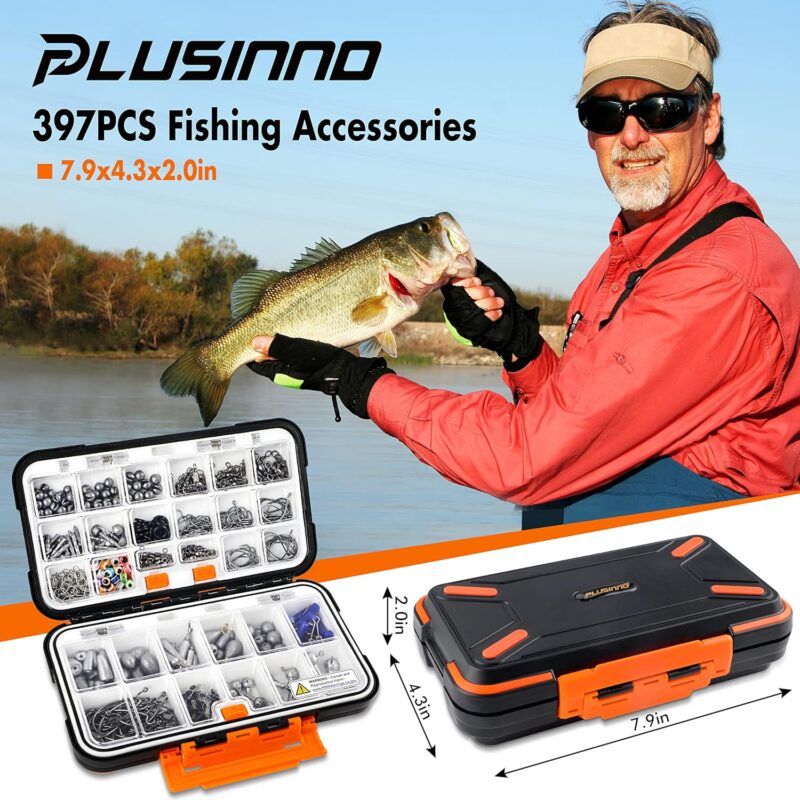 PLUSINNO 264/397pcs Fishing Accessories Kit, Organized Fishing Tackle Box with Tackle Included, Fishing Hooks, Fishing Weights Sinkers, Swivels, Beads, Fishing Gear Set Equipment for Bass Trout