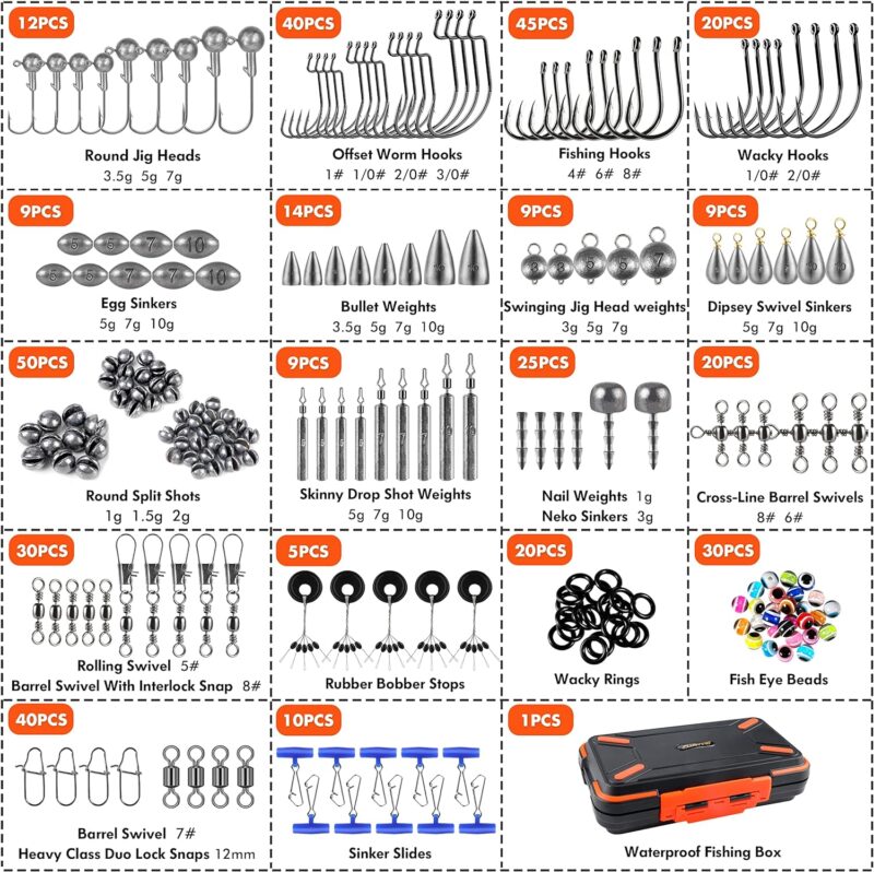 PLUSINNO 264/397pcs Fishing Accessories Kit, Organized Fishing Tackle Box with Tackle Included, Fishing Hooks, Fishing Weights Sinkers, Swivels, Beads, Fishing Gear Set Equipment for Bass Trout