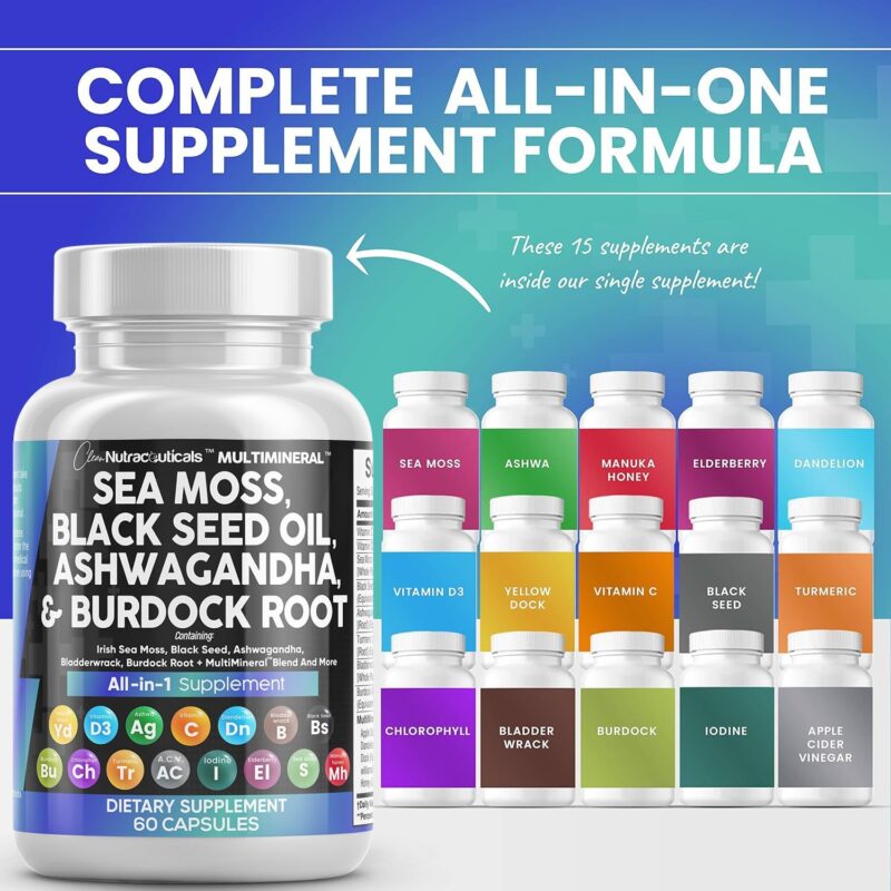 Sea Moss 3000mg Black Seed Oil 2000mg Ashwagandha 1000mg Turmeric 1000mg Bladderwrack 1000mg Burdock 1000mg & Vitamin C & D3 with Elderberry Manuka Dandelion Yellow Dock Iodine Chlorophyll ACV