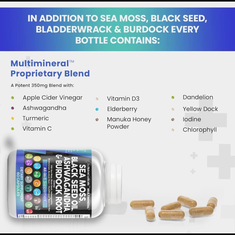 Sea Moss 3000mg Black Seed Oil 2000mg Ashwagandha 1000mg Turmeric 1000mg Bladderwrack 1000mg Burdock 1000mg & Vitamin C & D3 with Elderberry Manuka Dandelion Yellow Dock Iodine Chlorophyll ACV