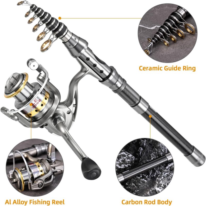 Lixada 2PCS Fishing Pole Combo Set 1.5/1.8/2.1/2.4m Rod Reel Telescopic Fishing Rod Carbon Fiber Spinning Reels Fishing Set with Hooks Soft Lures Barrel Swivels Storage Bag