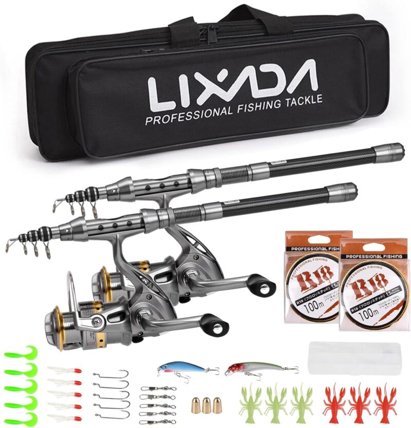 Lixada 2PCS Fishing Pole Combo Set 1.5/1.8/2.1/2.4m Rod Reel Telescopic Fishing Rod Carbon Fiber Spinning Reels Fishing Set with Hooks Soft Lures Barrel Swivels Storage Bag