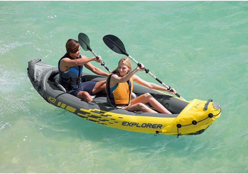 Intex 68307EP Explorer K2 Inflatable Kayak Set: Includes Deluxe 86in Aluminum Oars and High-Output Pump – SuperStrong PVC – Adjustable Seats with Backrest – 2-Person – 400lb Weight Capacity