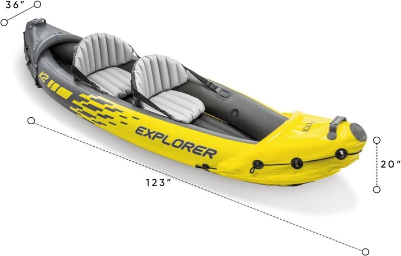 Intex 68307EP Explorer K2 Inflatable Kayak Set: Includes Deluxe 86in Aluminum Oars and High-Output Pump – SuperStrong PVC – Adjustable Seats with Backrest – 2-Person – 400lb Weight Capacity