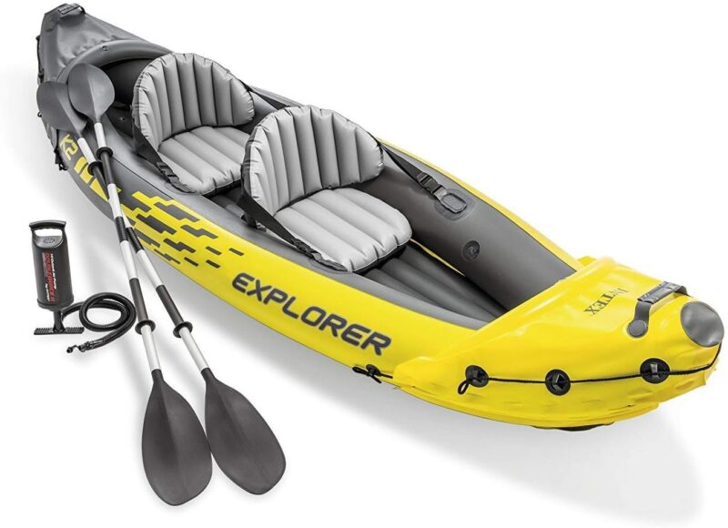 Intex 68307EP Explorer K2 Inflatable Kayak Set: Includes Deluxe 86in Aluminum Oars and High-Output Pump – SuperStrong PVC – Adjustable Seats with Backrest – 2-Person – 400lb Weight Capacity