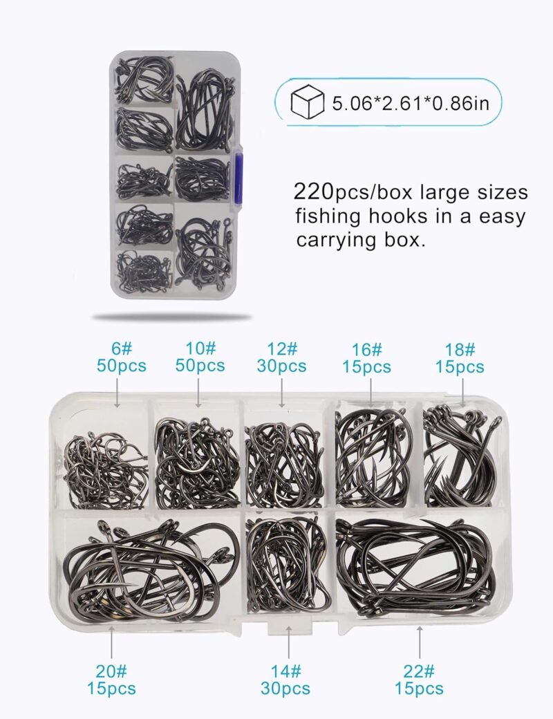 Beoccudo Fishing Hooks Freshwater Saltwater Fishing Gear Fishing Tackle Large Size Set, Worm Soft Bait Jig Fishhooks, Size 22 20 18 16 14 12 10 6