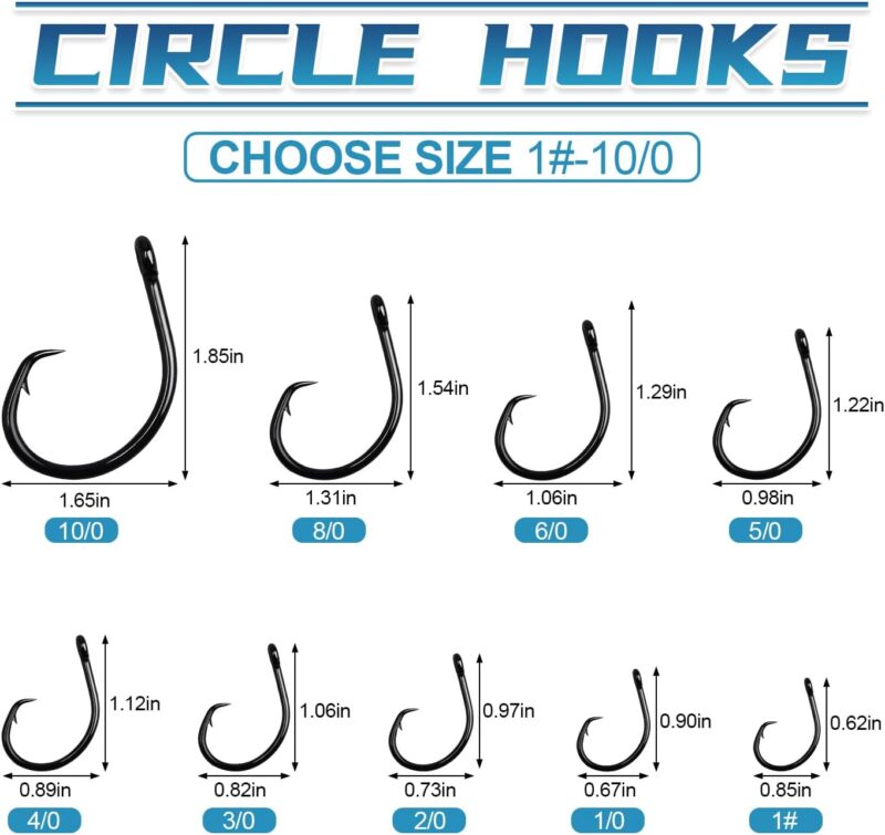 CWSDXM Circle Hooks Saltwater 20 pcs in-Line Wide Gap Fishing Hooks for Catfish 4X Strong High Carbon Steel Mustad Hooks for Tuna, Carp, Catfish, Bass,Size 1,1/0,2/0,3/0,4/0,5/0,6/0,8/0,10/0