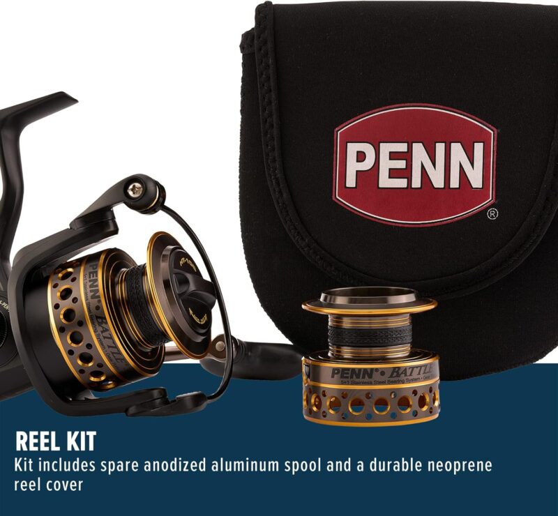 PENN Battle Spinning Reel Kit, Size 5000, Includes Reel Cover and Spare Anodized Aluminum Spool, Right/Left Handle Position, HT-100 Front Drag System