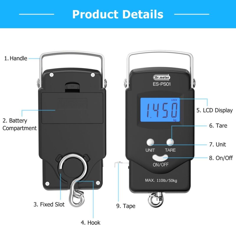 Dr.meter Fish Scale - PS01 110lb/50kg Backlit LCD Display Digital Scale with Built-in Measuring Tape - Fishing Scale with 2 AAA Batteries, Pocket Size - Fishing Gifts for Men