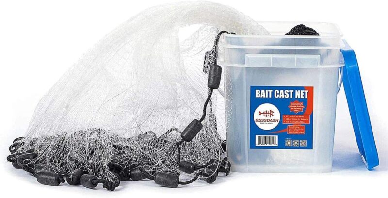 BASSDASH American Saltwater Fishing Cast Net 3/8 1/4-Inch Mesh 4ft 6ft 8ft Radius, 1-Pound Per Foot, for Bait Fish with Utility Bucket Casting