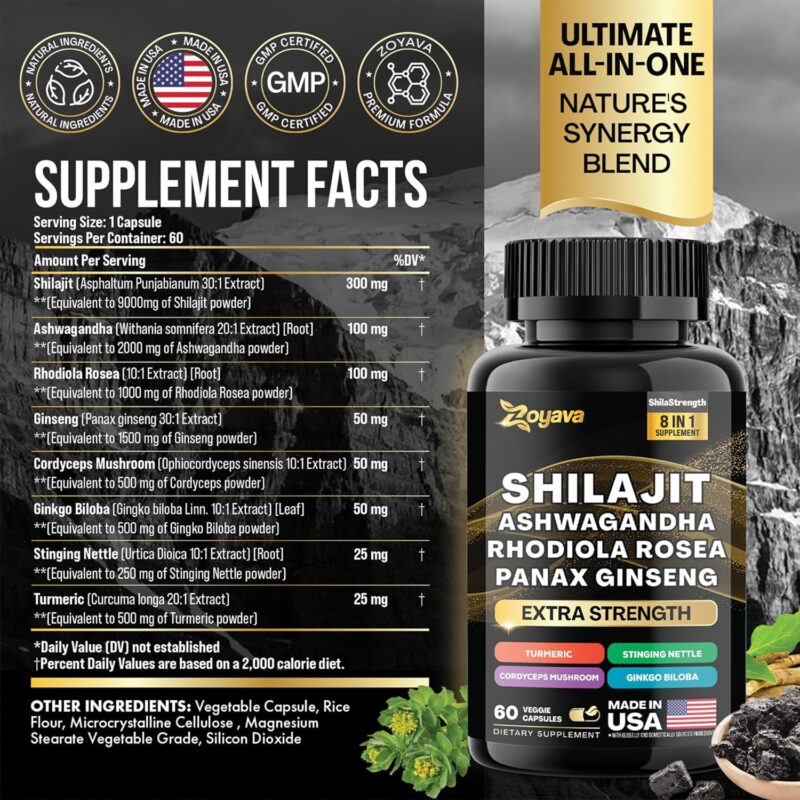 Shilajit 9000 Panax Ginseng 1500MG Ashwagandha 2000MG Rhodiola Rosea 1000MG, Turmeric 500MG, Gingko Biloba 500MG, Stinging Nettle 250MG, Cordyceps Mushroom 500MG (60 Caps)