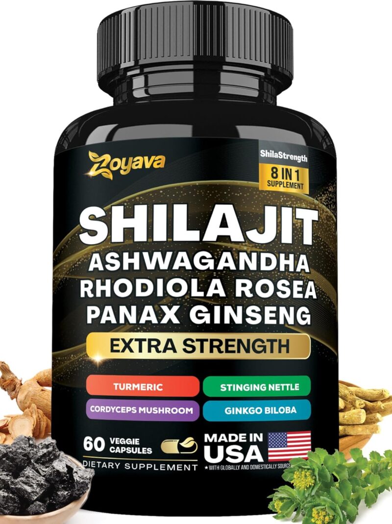 Shilajit 9000 Panax Ginseng 1500MG Ashwagandha 2000MG Rhodiola Rosea 1000MG, Turmeric 500MG, Gingko Biloba 500MG, Stinging Nettle 250MG, Cordyceps Mushroom 500MG (60 Caps)