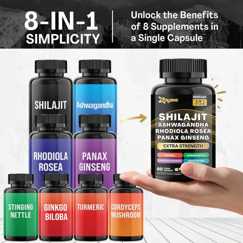 Shilajit 9000 Panax Ginseng 1500MG Ashwagandha 2000MG Rhodiola Rosea 1000MG, Turmeric 500MG, Gingko Biloba 500MG, Stinging Nettle 250MG, Cordyceps Mushroom 500MG (60 Caps)