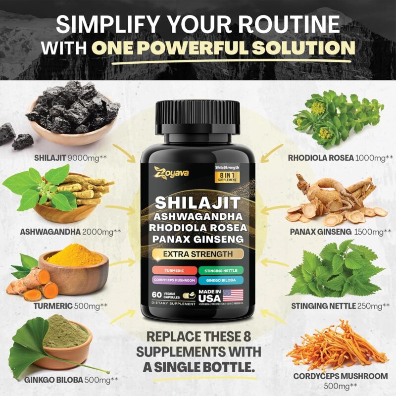 Shilajit 9000 Panax Ginseng 1500MG Ashwagandha 2000MG Rhodiola Rosea 1000MG, Turmeric 500MG, Gingko Biloba 500MG, Stinging Nettle 250MG, Cordyceps Mushroom 500MG (60 Caps)