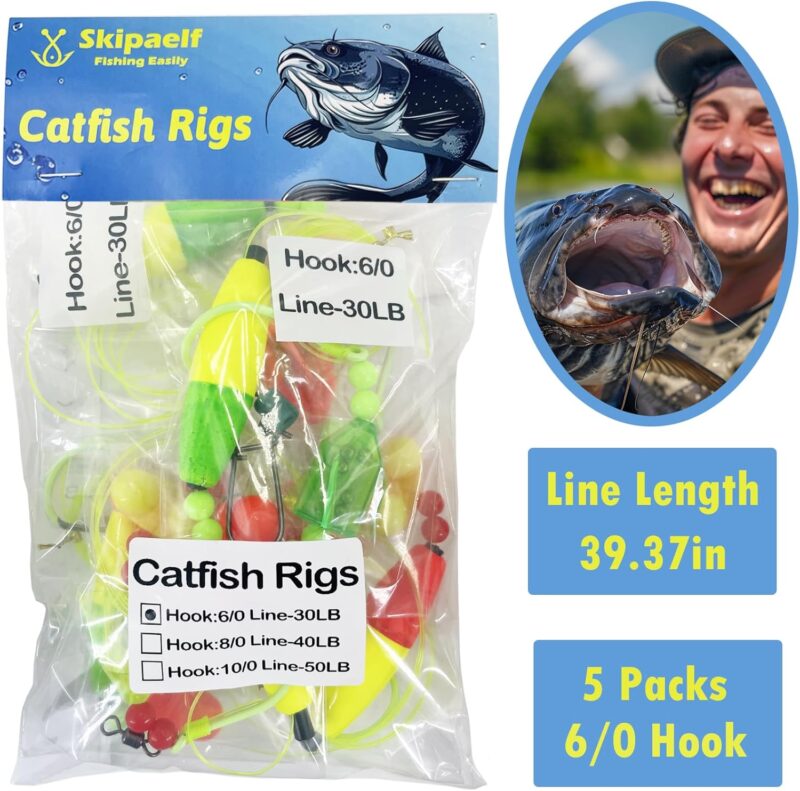 Catfish Rig Catfish Float Rigs,Catfishing Tackle Floats with Rattler Catfishing Equipment,5pcs Santee Cooper Rigs for Catfish Fishing 6/0 8/0 10/0 Circle Hooks