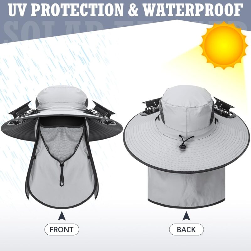 2 Pcs Men Sun Hat with 2 Solar Fan Fishing Hats Removable Face Cover Wide Brim UV Protection Outdoor UPF 50+ Sun Protection Summer Cap for Men Women Outdoor USB & Solar Powered