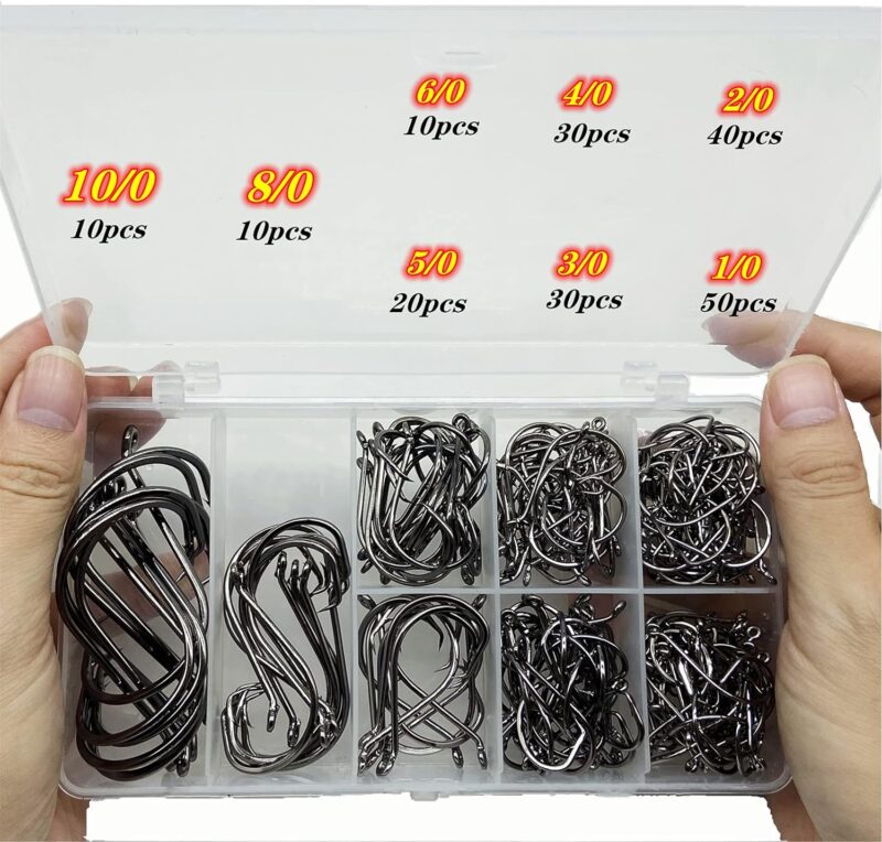 200Pcs/Box（Size:10/0... to...1/0 Strong Octopus Fishing Hooks, Forged Steel/Barded Design, Off-Set Point/Closed Eye, Strong/Sturdy, 10/0 8/0 6/0 5/0 4/0 3/0 2/0 1/0 Mixed