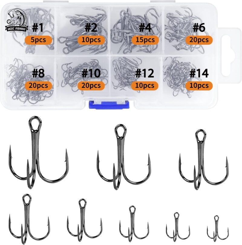 UCEC Fishing Hooks Treble Hooks Kit for Saltwater Freshwater, High Carbon Steel Hooks Strong Sharp Round Bend for Catfish Trout Hard Baits Lures Fishing, Size #1#2#4#6#8#10#12#14 110pcs/ 50pcs