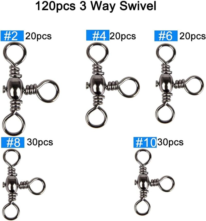 AKOSU 120pcs Fihshing Accessories Three Way Swivels Cross Line Barrel Stainless Steel Swivel Saltwater T-Turn Fishing Line Connector #2, 4, 6, 8, 10