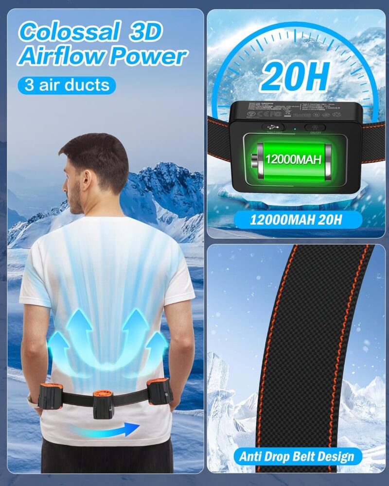 Wearable Waist Fan，12000mAh Rechargeable Belt Fan ，Portable Waist Fan Large Air Volume For Farm/Outdoor, Waist Blower Runtime 20H (FL-210)