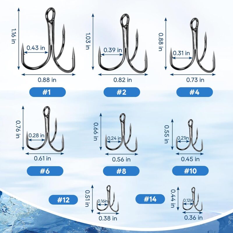 UCEC Fishing Hooks Treble Hooks Kit for Saltwater Freshwater, High Carbon Steel Hooks Strong Sharp Round Bend for Catfish Trout Hard Baits Lures Fishing, Size #1#2#4#6#8#10#12#14 110pcs/ 50pcs