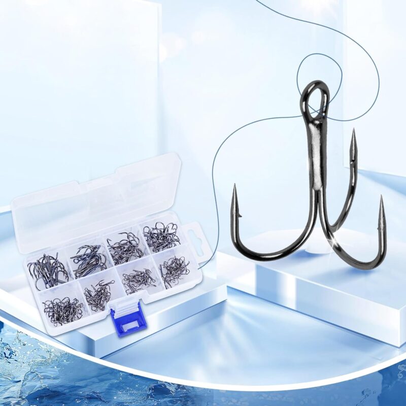 UCEC Fishing Hooks Treble Hooks Kit for Saltwater Freshwater, High Carbon Steel Hooks Strong Sharp Round Bend for Catfish Trout Hard Baits Lures Fishing, Size #1#2#4#6#8#10#12#14 110pcs/ 50pcs