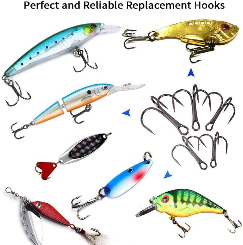 UCEC Fishing Hooks Treble Hooks Kit for Saltwater Freshwater, High Carbon Steel Hooks Strong Sharp Round Bend for Catfish Trout Hard Baits Lures Fishing, Size #1#2#4#6#8#10#12#14 110pcs/ 50pcs