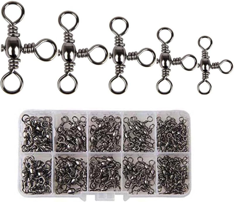 AKOSU 120pcs Fihshing Accessories Three Way Swivels Cross Line Barrel Stainless Steel Swivel Saltwater T-Turn Fishing Line Connector #2, 4, 6, 8, 10