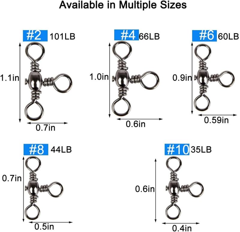 AKOSU 120pcs Fihshing Accessories Three Way Swivels Cross Line Barrel Stainless Steel Swivel Saltwater T-Turn Fishing Line Connector #2, 4, 6, 8, 10